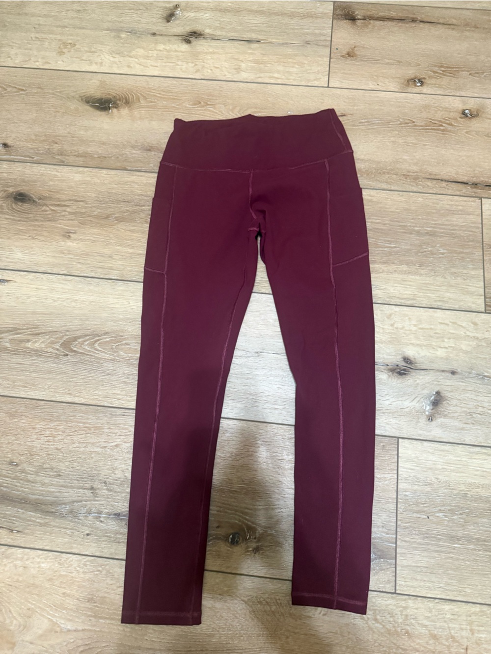 High-Rise Burgundy Leggings with Side Panel Stitching